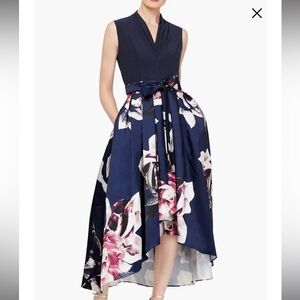 SLNY Navy Floral Pleated High-Low Dress